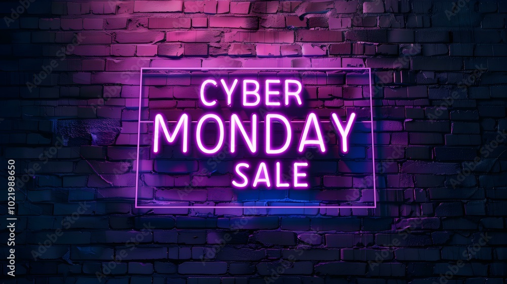 Purple Neon 'CYBER MONDAY SALE' Sign on a Brick Wall Purple Neon 'CYBER MONDAY SALE' Sign on a Brick Wall