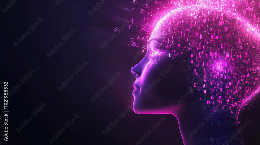 A digital representation of a head with floating letters symbolizing thoughts, creativity, and technology