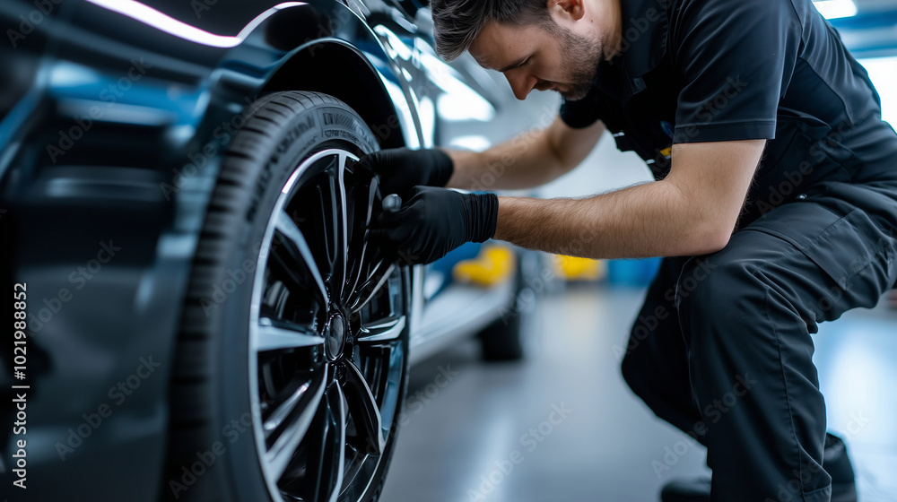 Obraz premium A close-up of a technician balancing a carâs new summer tire, ensuring a smooth ride after replacing the winter tire. The clean, well-lit garage setting provides a professional bac
