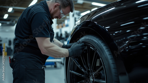 A close-up of a technician balancing a carâs new summer tire, ensuring a smooth ride after replacing the winter tire. The clean, well-lit garage setting provides a professional bac