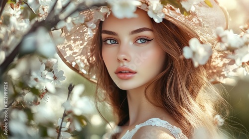 Portrait of a lovely, endearing young lady with long, curly hair in a springtime garden against a backdrop of white flowers