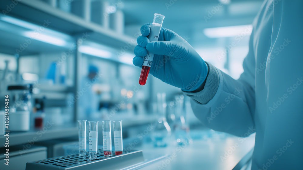 In a modern laboratory filled with advanced medical tools, a doctor holds a test tube containing a legionella sample. Their gloved hand is steady as they examine the bacteria under In a modern laboratory filled with advanced medical tools, a doctor holds a test tube containing a legionella sample. Their gloved hand is steady as they examine the bacteria under