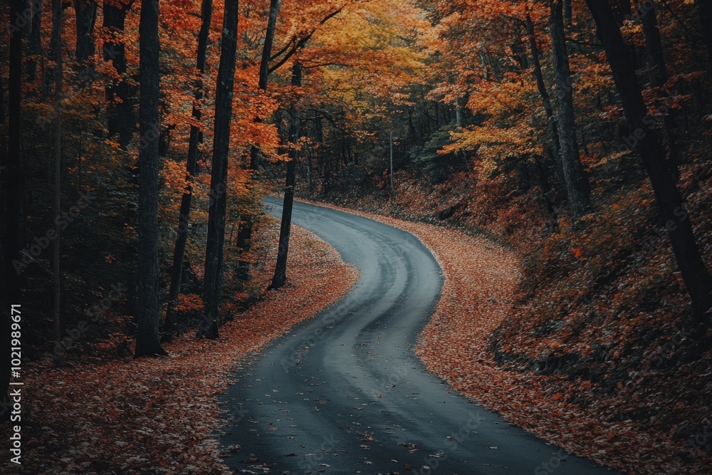 Obraz premium A winding road through an autumn forest, with leaves in various shades of orange and red, creating a picturesque scene Generative AI