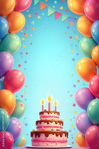 Holiday card. Vibrant and colorful celebration scene, featuring a large birthday cake with lit candles at the center of a room filled with balloons.