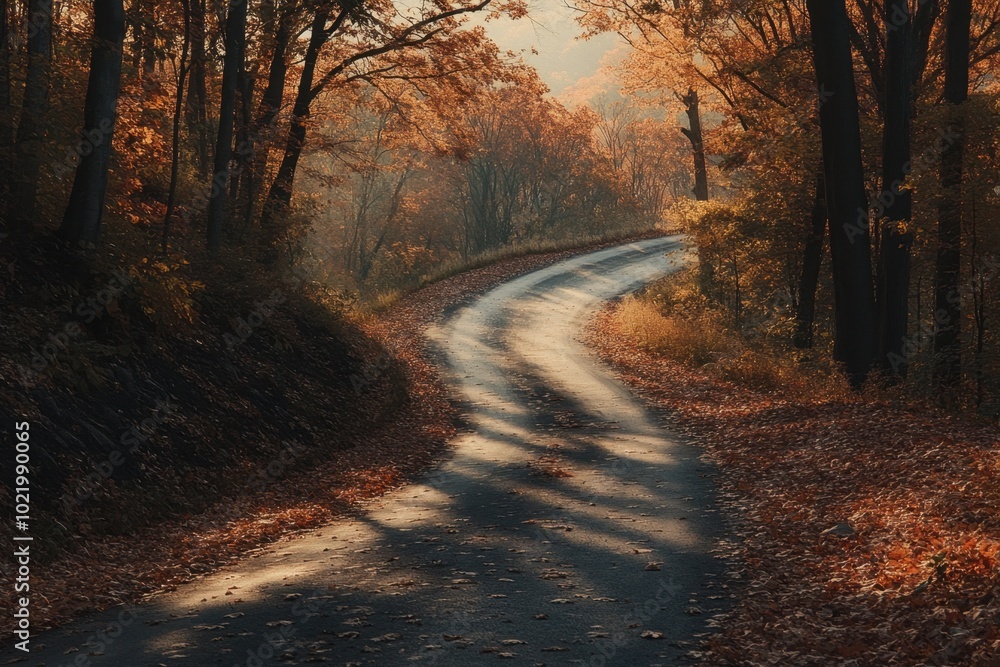 Obraz premium A winding road through an autumn forest, with leaves of various shades of orange and red covering the ground, leading to distant hills covered in golden foliage Generative AI