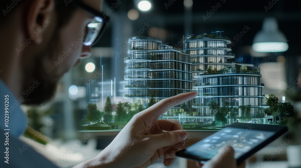 A manâs tablet projects a hologram of a high-tech residential tower, complete with balconies and green spaces. The office in the background is filled with light, adding to the sens A manâs tablet projects a hologram of a high-tech residential tower, complete with balconies and green spaces. The office in the background is filled with light, adding to the sens