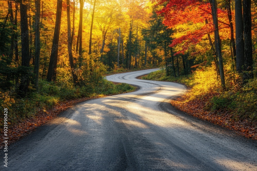 Fototapeta premium A winding road through an autumn forest, with leaves of various shades from yellow to red and orange, leading into the distance Generative AI
