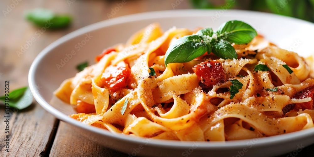 Close-up of a plate of pasta with tomato sauce, fresh basil, and grated cheese. Close-up of a plate of pasta with tomato sauce, fresh basil, and grated cheese.