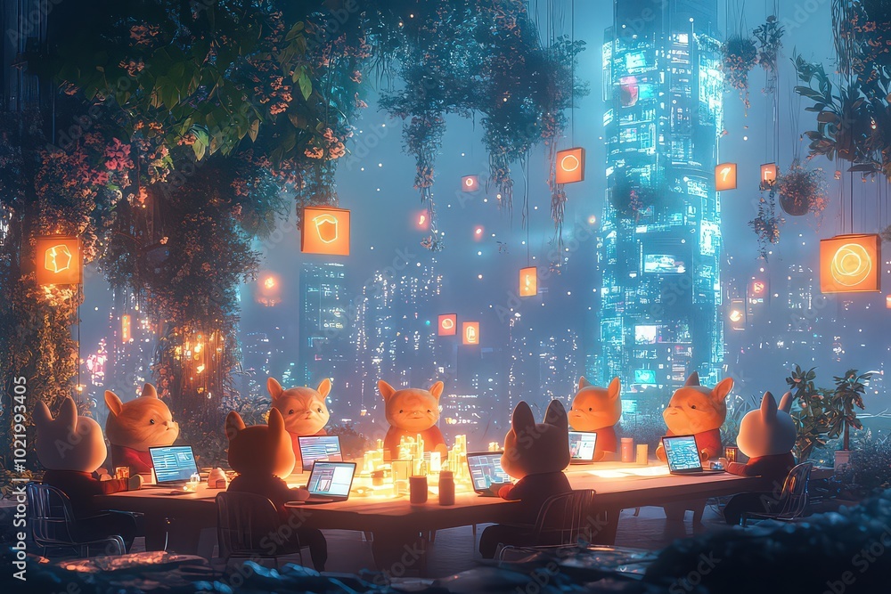 Adorable animals dressed as professionals, gathered around a glowing table with laptops, in a futuristic, whimsical city setting. Adorable animals dressed as professionals, gathered around a glowing table with laptops, in a futuristic, whimsical city setting.