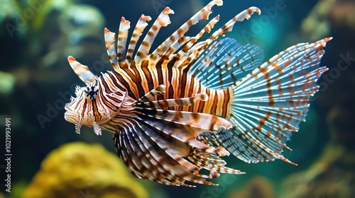 Vibrant Lionfish Swimming in Colorful Aquarium Setting photo