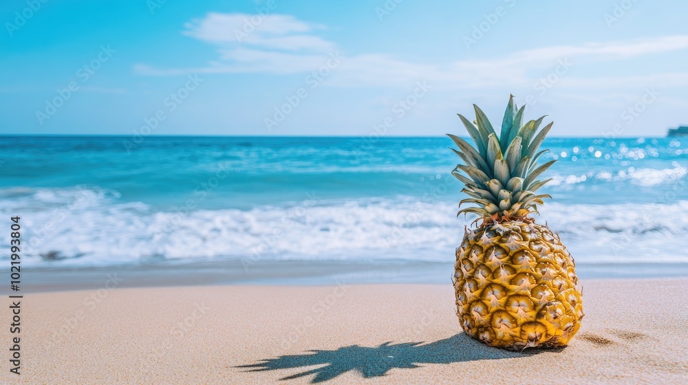 Pineapple on Beach with Ocean Waves in Background Pineapple on Beach with Ocean Waves in Background