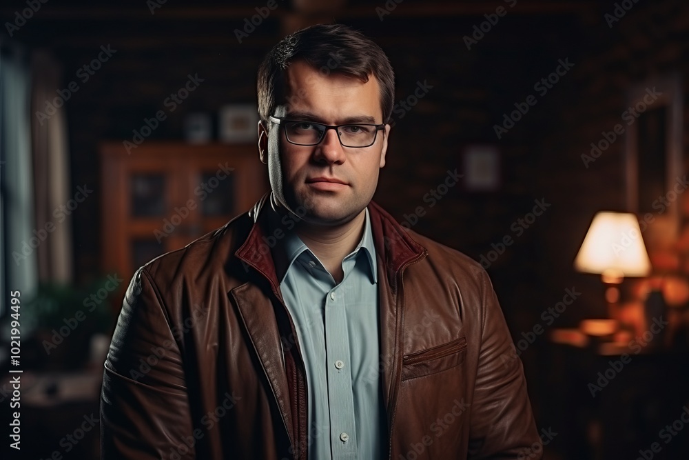 Portrait of a handsome man in a leather jacket and glasses. Portrait of a handsome man in a leather jacket and glasses.