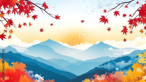 Wallpaper Mural Scenic autumn landscape with colorful foliage framing a mountain range, sun shining in the distance. Torontodigital.ca