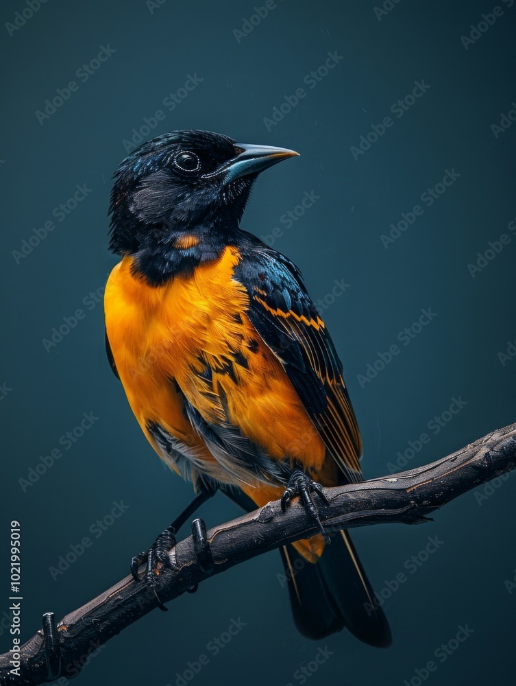 Fototapeta premium A vibrant bird with striking orange and black feathers perched gracefully on a branch. The background adds depth to this stunning wildlife image. Perfect for nature enthusiasts. AI