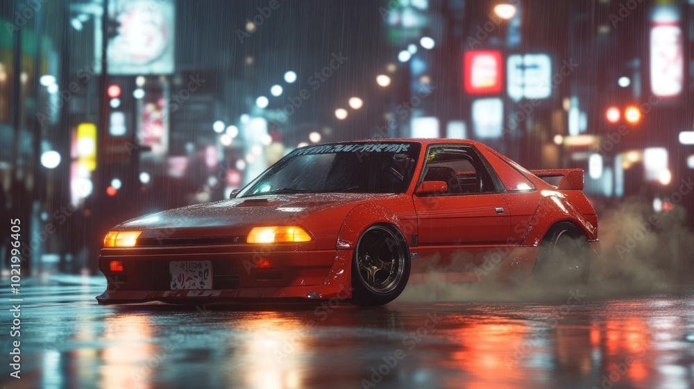A red sports car drifts on a wet city street at night, with glowing headlights and taillights, and a trail of smoke from the tires. A red sports car drifts on a wet city street at night, with glowing headlights and taillights, and a trail of smoke from the tires.