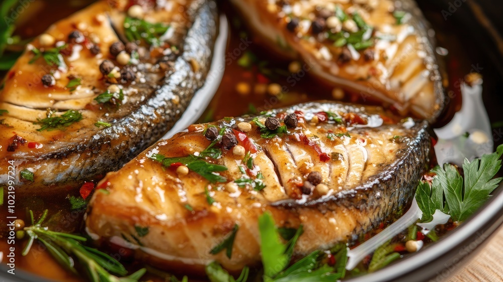 Deliciously Seared Salmon Fillets in Sauce Deliciously Seared Salmon Fillets in Sauce