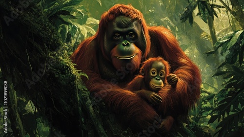 Mother and Baby Orangutan in Lush Jungle Setting