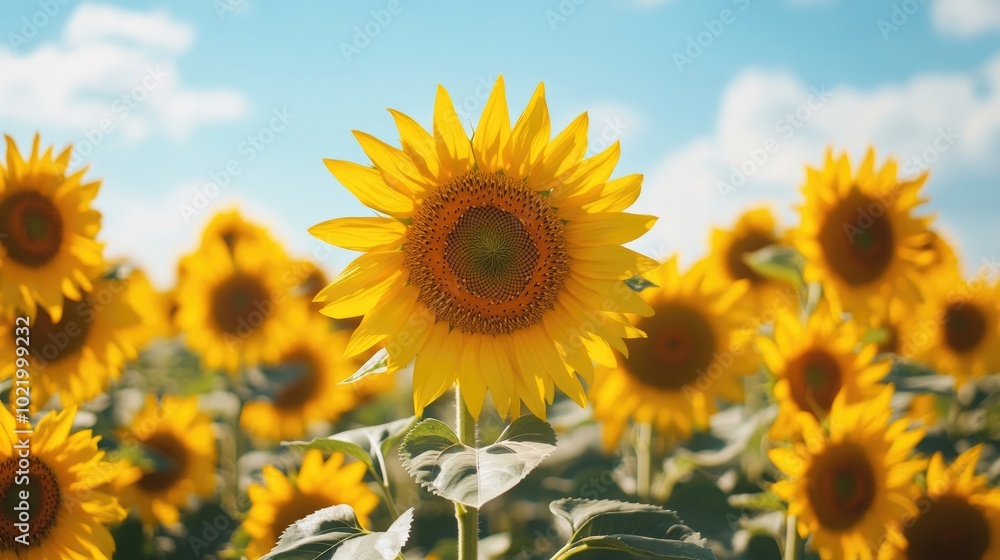 A field of sunflowers swaying in the breeze under a clear blue sky A field of sunflowers swaying in the breeze under a clear blue sky