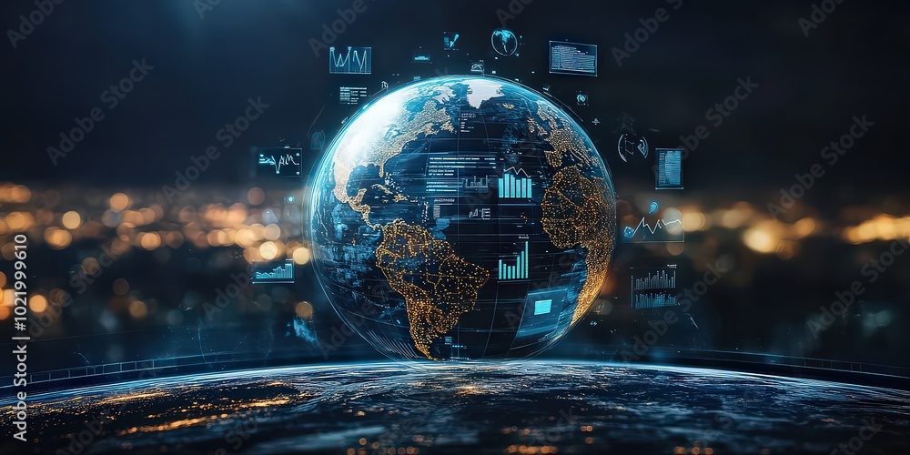 Fototapeta premium glowing, holographic globe where the surface displays real-time analytics through floating graphs and pie charts hovering over continents and oceans, representing dynamic global data.