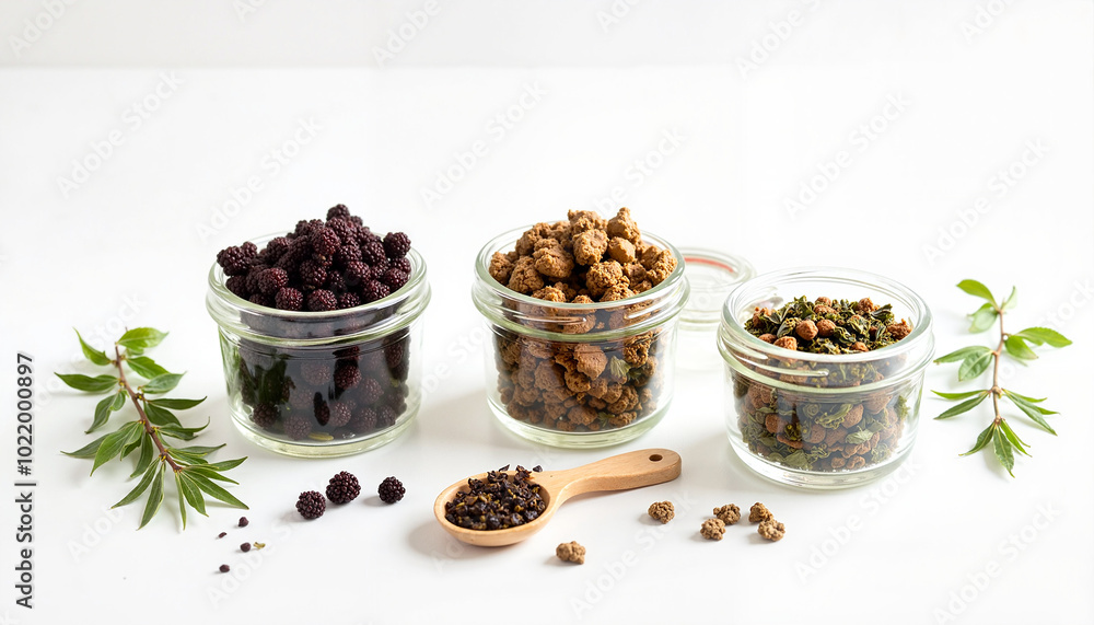 Selection of immune-boosting herbs in glass jars, featuring dried berries and herbal blends, on white background Selection of immune-boosting herbs in glass jars, featuring dried berries and herbal blends, on white background