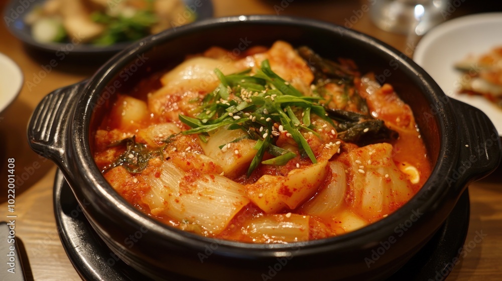A close-up of a steaming bowl of kimchi jjigae, a Korean stew with kimchi, tofu, and pork, garnished with green onions and sesame seeds. A close-up of a steaming bowl of kimchi jjigae, a Korean stew with kimchi, tofu, and pork, garnished with green onions and sesame seeds.