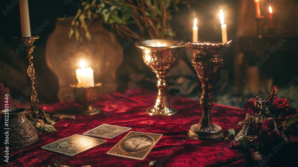 altar, covered in deep red velvet, with flickering candles, silver chalice, and Tarot cards , ceremonial dagger altar, covered in deep red velvet, with flickering candles, silver chalice, and Tarot cards , ceremonial dagger