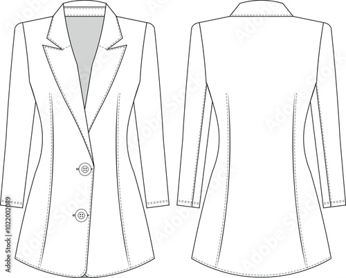 collared long sleeve buttoned tailored fit long jacket blazer template technical drawing flat sketch cad mockup fashion woman design style model
