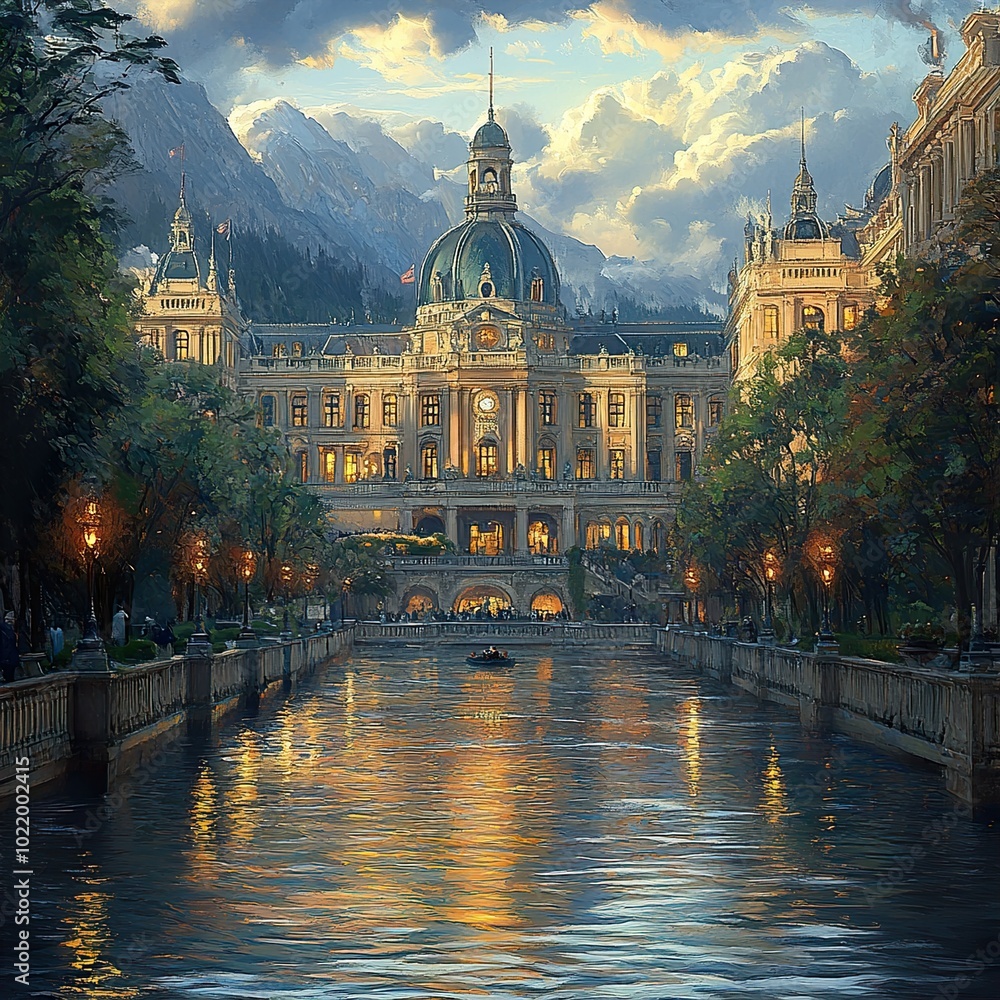 Fototapeta premium Grand Architecture by the River: A Cityscape at Dusk