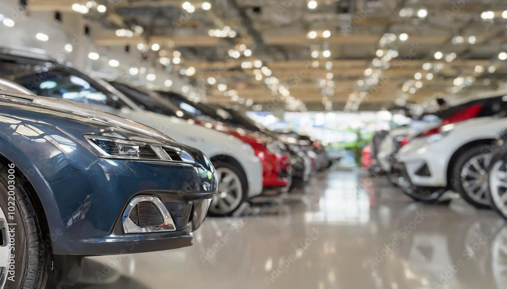 Rows of vehicles showcased in a spacious indoor dealership with bright lights and polished floors Rows of vehicles showcased in a spacious indoor dealership with bright lights and polished floors