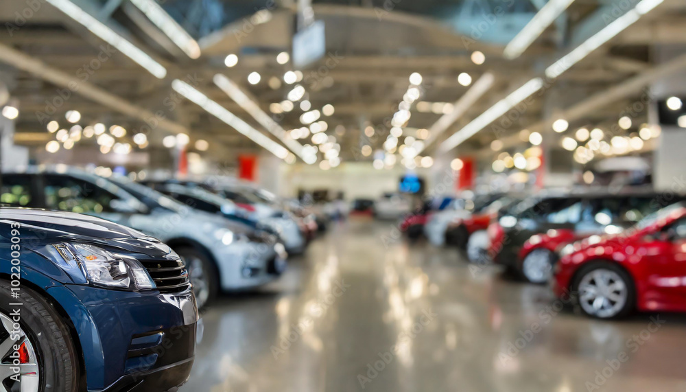 Cars on display inside a modern automobile showroom with bright lights and a polished floor Cars on display inside a modern automobile showroom with bright lights and a polished floor