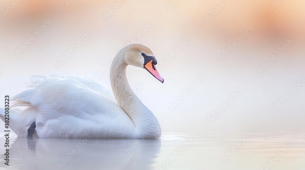 Fototapeta premium Graceful white swan gliding across a still lake, showcasing its feathers against a peaceful twilight backdrop