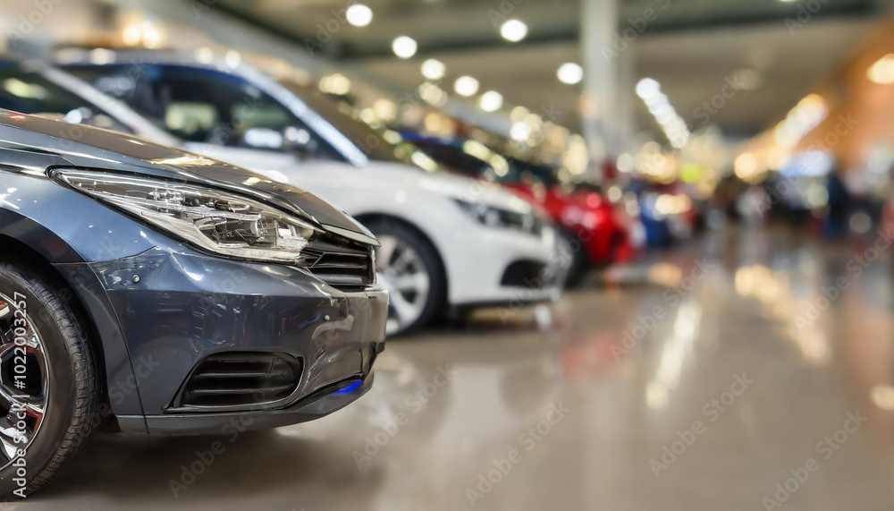 A lineup of new cars displayed for sale in a modern showroom during daytime with bright lights and shiny surfaces A lineup of new cars displayed for sale in a modern showroom during daytime with bright lights and shiny surfaces