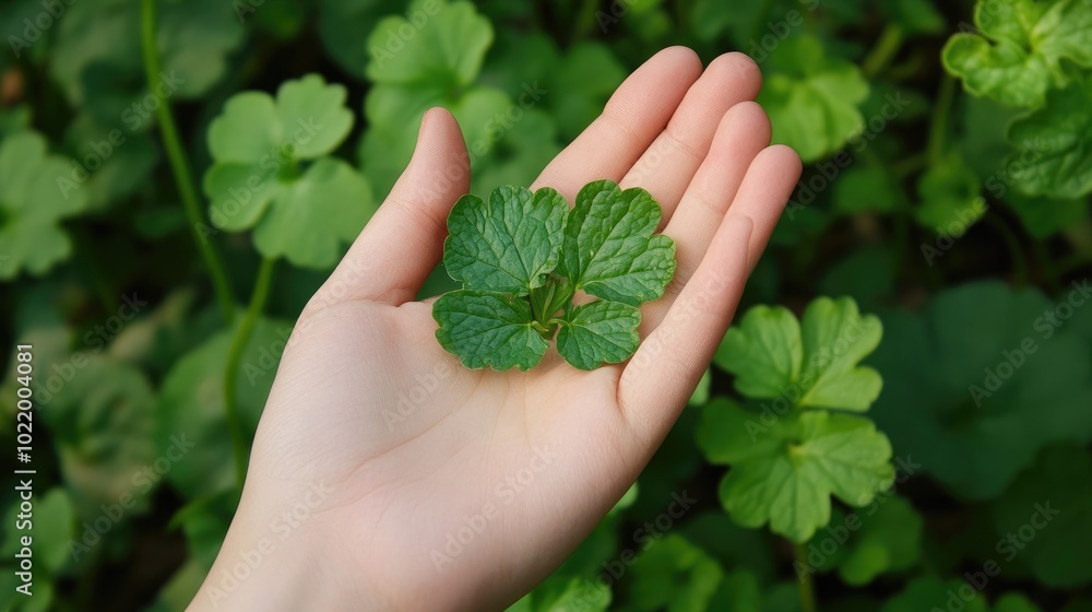 Hand Holding Fresh Green Leaf Among Lush Background Hand Holding Fresh Green Leaf Among Lush Background