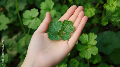 Hand Holding Fresh Green Leaf Among Lush Background