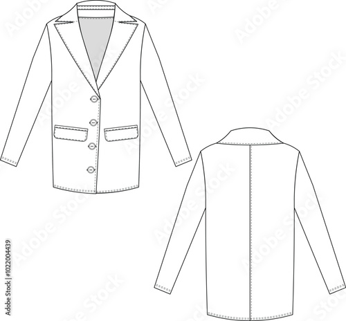 collared with flap pockets long sleeve  buttoned long jacket coat overcoat outerwear template technical drawing flat sketch cad mockup fashion woman design style model
