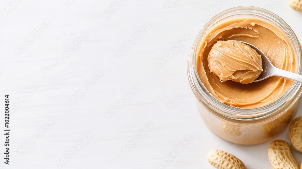 A spoonful of smooth peanut butter rests in an open jar, accentuating its creamy texture. Peanuts scattered nearby add to the attractiveness of the presentation. copy space A spoonful of smooth peanut butter rests in an open jar, accentuating its creamy texture. Peanuts scattered nearby add to the attractiveness of the presentation. copy space