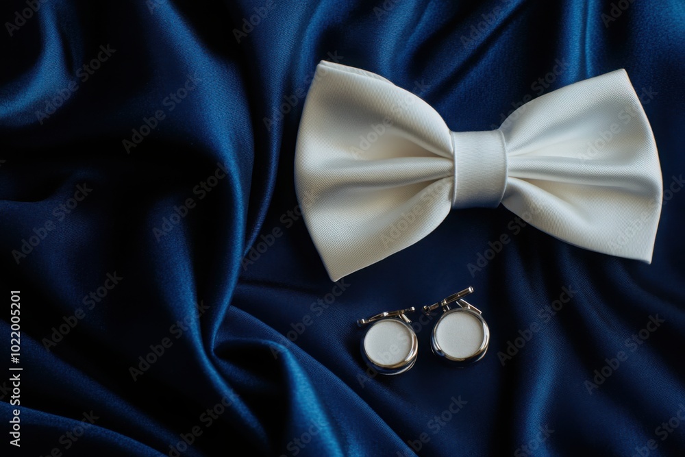 White Bow Tie And Silver Cufflinks On Blue Silk Fabric For Elegant Fashion Look White Bow Tie And Silver Cufflinks On Blue Silk Fabric For Elegant Fashion Look