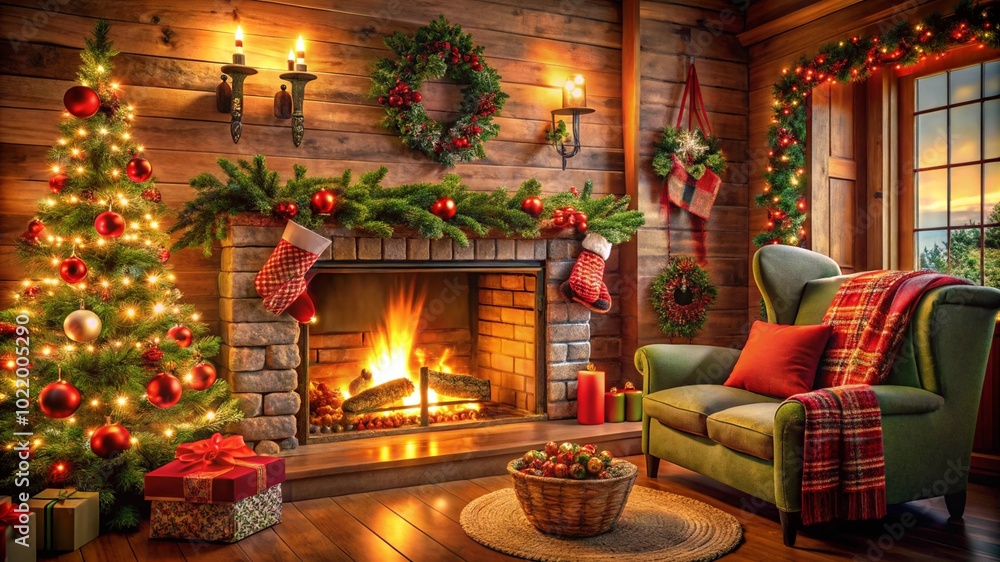 Christmas fireplace illustration featuring a classic black outline, showcasing a cozy mantel adorned with festive decorations, stockings hung with care, and a warm fire glowing inside. Christmas fireplace illustration featuring a classic black outline, showcasing a cozy mantel adorned with festive decorations, stockings hung with care, and a warm fire glowing inside.