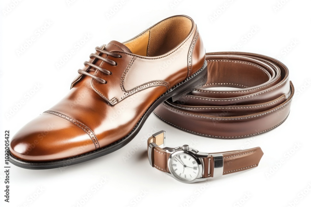 Brown Leather Dress Shoes With Matching Belt And Elegant Watch On White Background Brown Leather Dress Shoes With Matching Belt And Elegant Watch On White Background