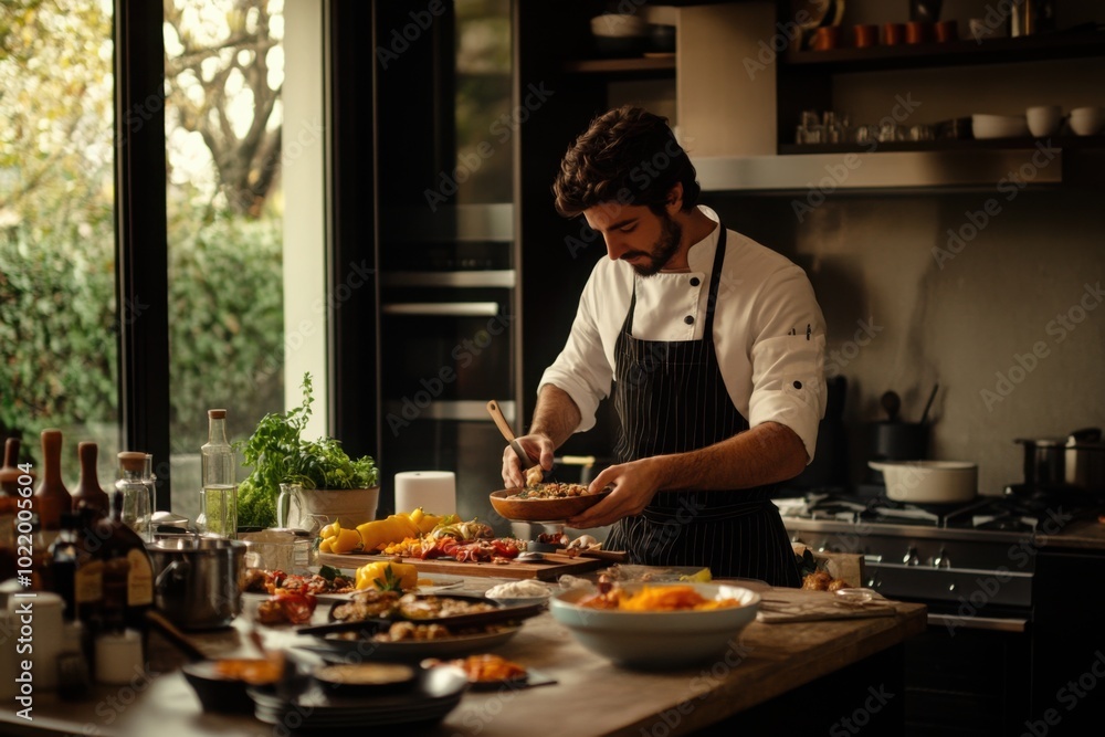 Chef Preparing Gourmet Meal In Modern Kitchen With Fresh Ingredients Chef Preparing Gourmet Meal In Modern Kitchen With Fresh Ingredients