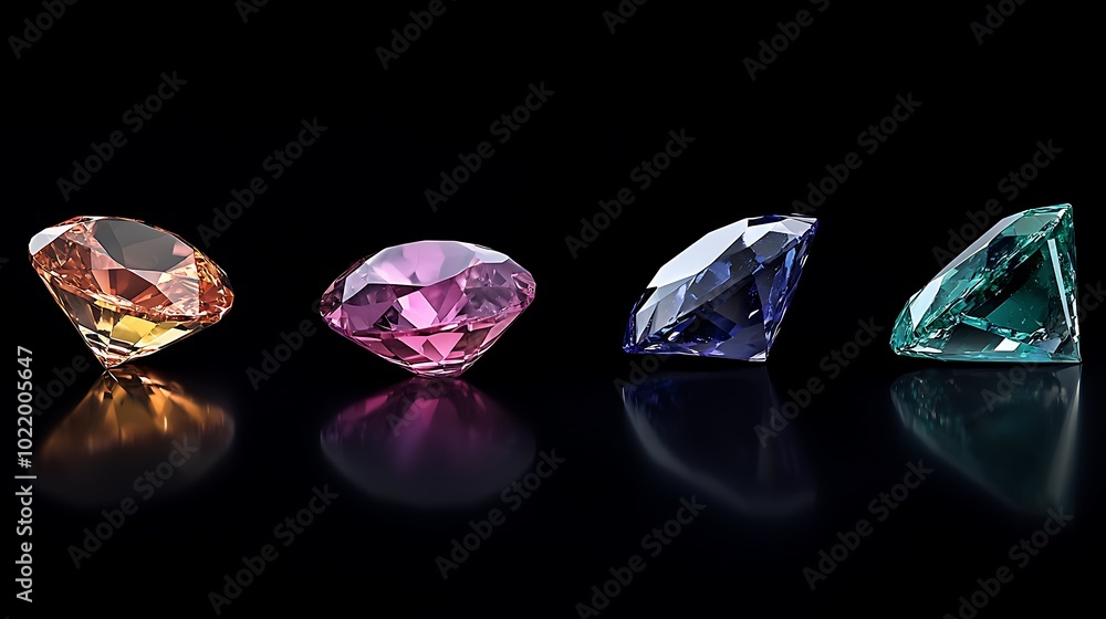 Four Colorful Gemstones on a Black Background with Reflections Four Colorful Gemstones on a Black Background with Reflections