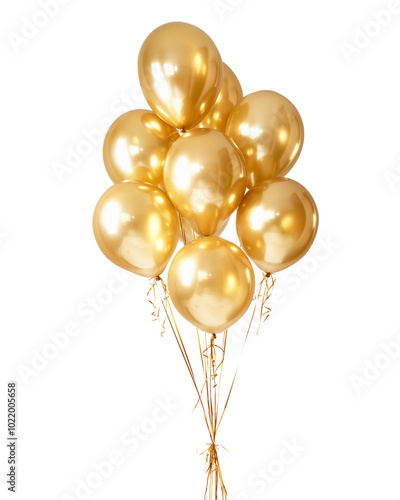 Golden yellow balloons, isolated on a transparent background