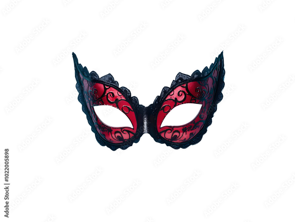 Elegant black and red lace mask with intricate designs for masquerade events and festive celebrations, isolated on transparent background Elegant black and red lace mask with intricate designs for masquerade events and festive celebrations, isolated on transparent background