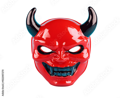 A vibrant red devil mask with horns and grinning teeth, perfect for Halloween or costume parties