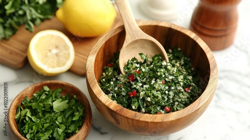 A fresh, vibrant bowl of tabbouleh salad with parsley, bulgur, and lemon, surrounded by lemon and herbs on a marble countertop.