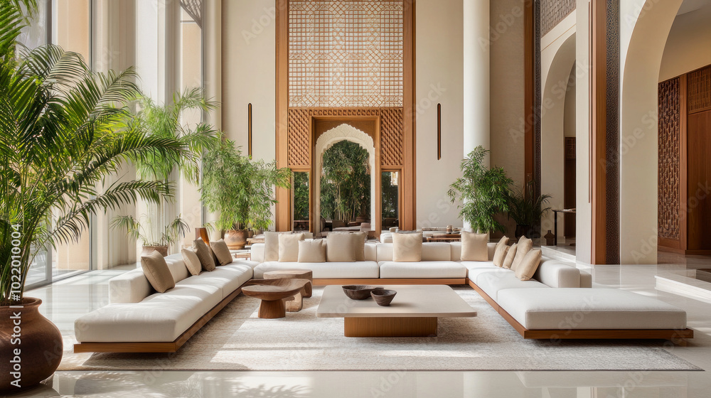 A serene oriental lounge with lush plants and elegant furnishings in a spacious, sunlit setting for relaxation and tranquility A serene oriental lounge with lush plants and elegant furnishings in a spacious, sunlit setting for relaxation and tranquility