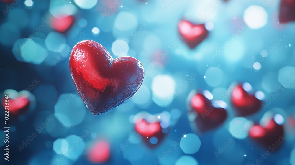 A whimsical and dreamlike scene of soft red hearts floating gracefully in a three-dimensional, deep blue space, surrounded by an ethereal, misty glow that adds a surreal atmosphere A whimsical and dreamlike scene of soft red hearts floating gracefully in a three-dimensional, deep blue space, surrounded by an ethereal, misty glow that adds a surreal atmosphere