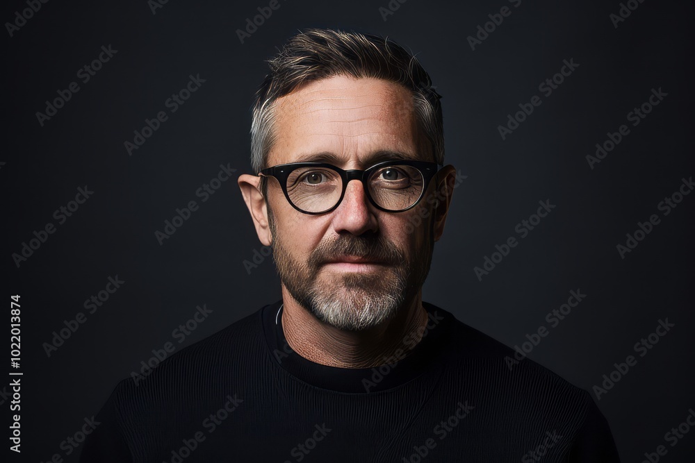 Portrait of a handsome middle-aged man in a black T-shirt and glasses. Portrait of a handsome middle-aged man in a black T-shirt and glasses.