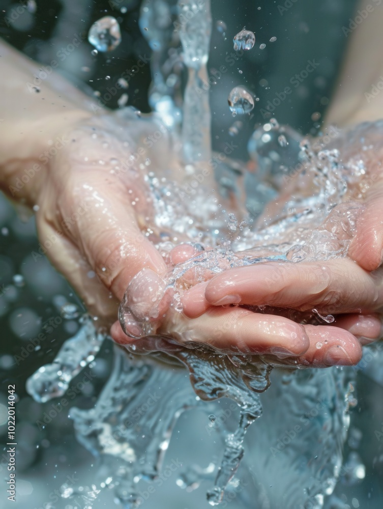 Fototapeta premium Two hands are being washed under a clear stream of water, highlighting the importance of cleanliness in a calm outdoor environment. Generative AI