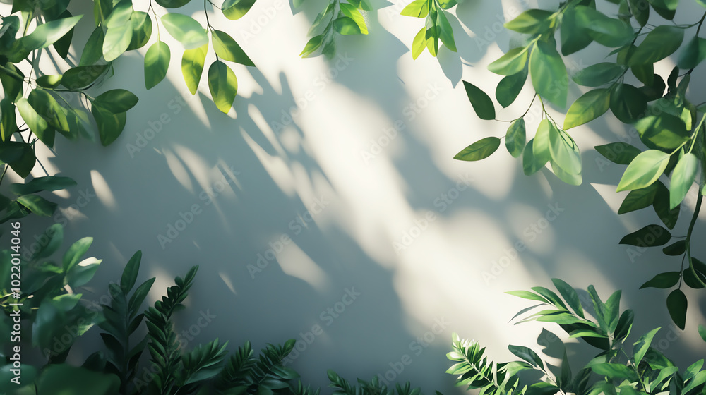 A serene arrangement of various green leaves framing a soft, light background, creating an inviting and tranquil atmosphere. A serene arrangement of various green leaves framing a soft, light background, creating an inviting and tranquil atmosphere.